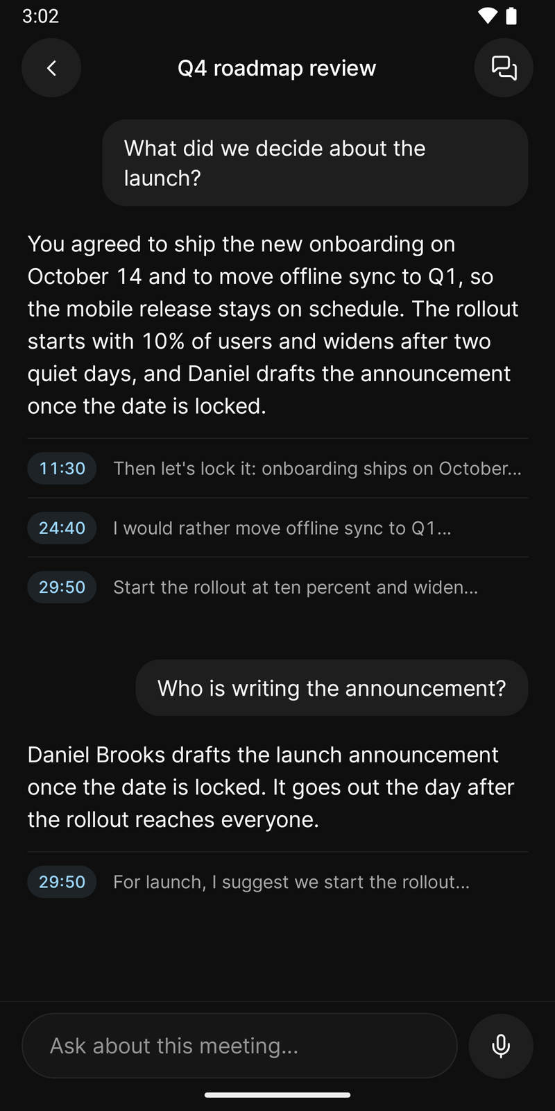 Ask on Android answering a question about a meeting, with the moments it came from listed underneath