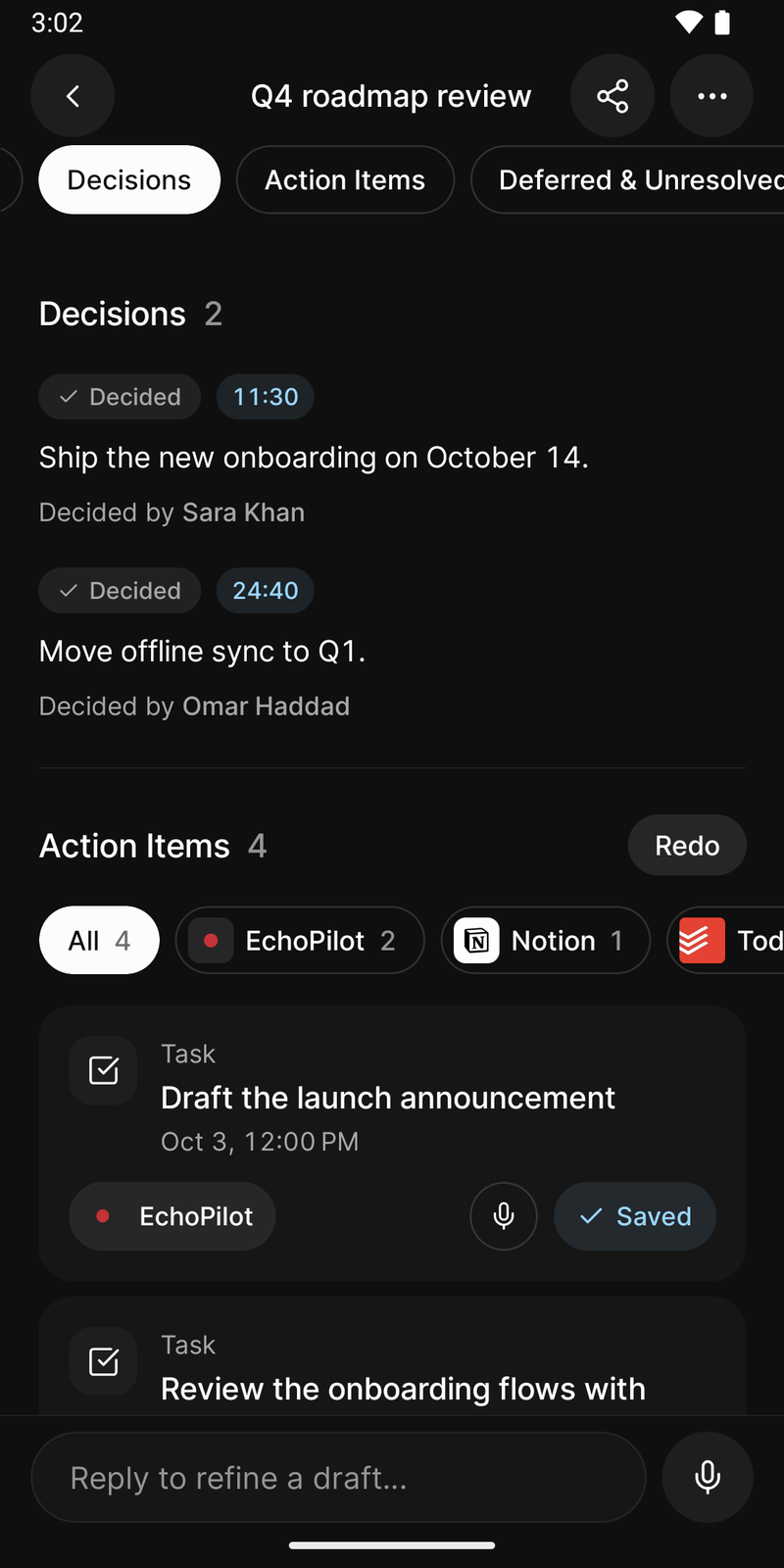 Decisions and action items for a meeting on Android