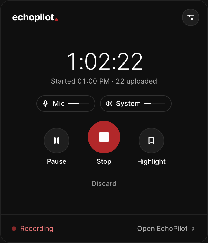 The EchoPilot recording panel on a computer, with the timer, the microphone and system audio levels, and Stop and Highlight