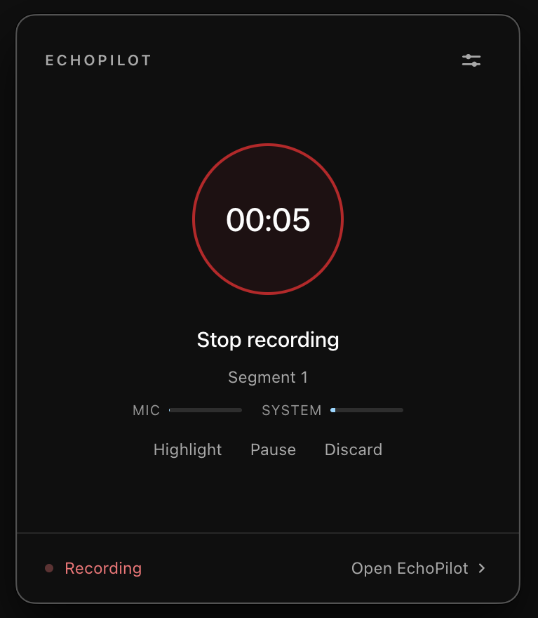 The desktop recording panel with the timer and the microphone and system audio levels