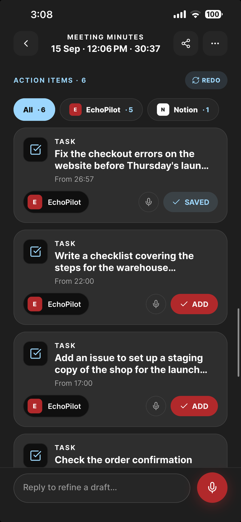 Drafted task cards on iPhone, each with the moment it came from and a button to add it