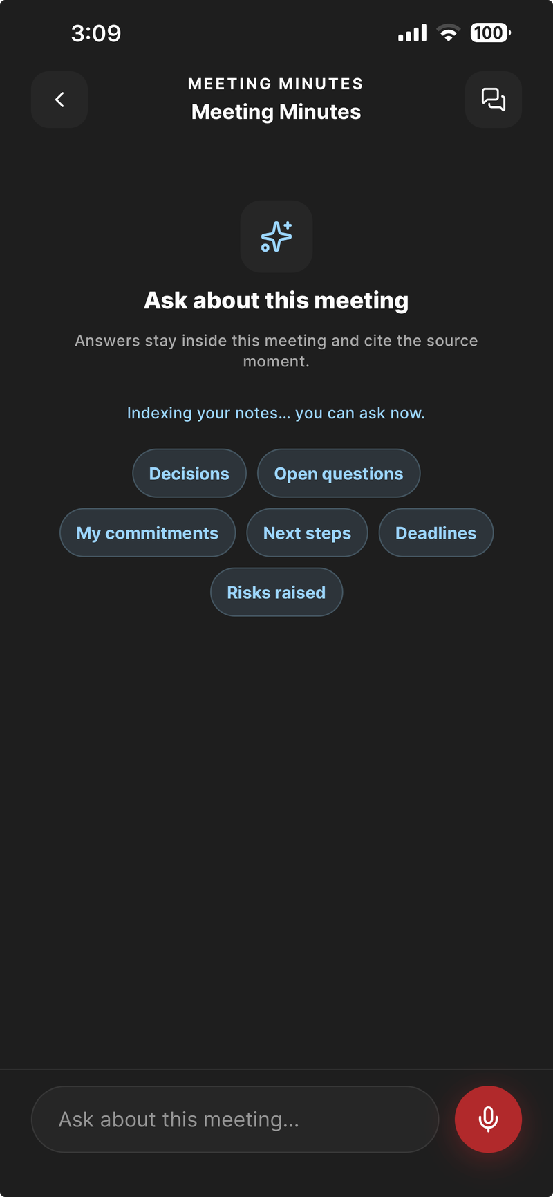 Ask inside a meeting on iPhone, with suggested questions