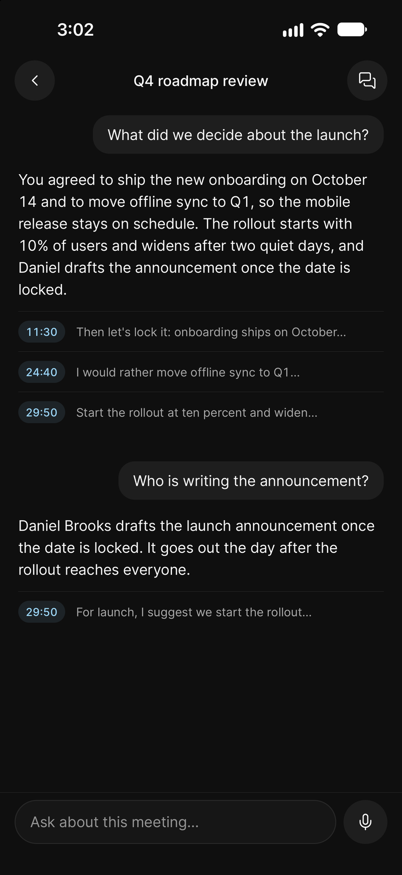 Ask on iPhone answering a question about a meeting, with the moments it came from listed underneath