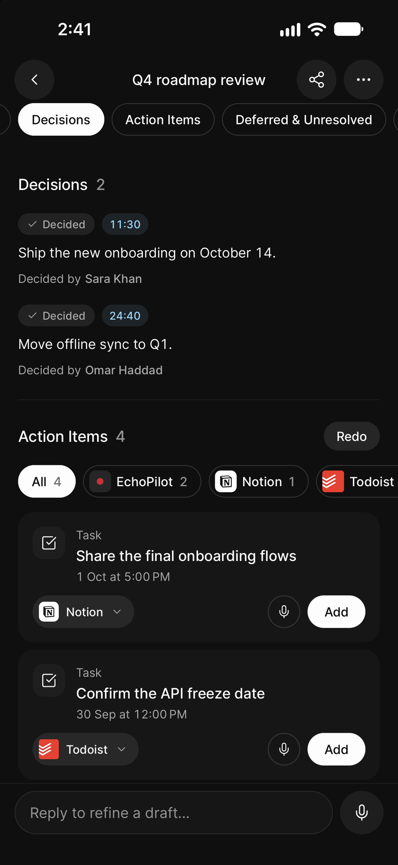 Decisions and action items for a meeting on iPhone, each action with its destination and an Add button