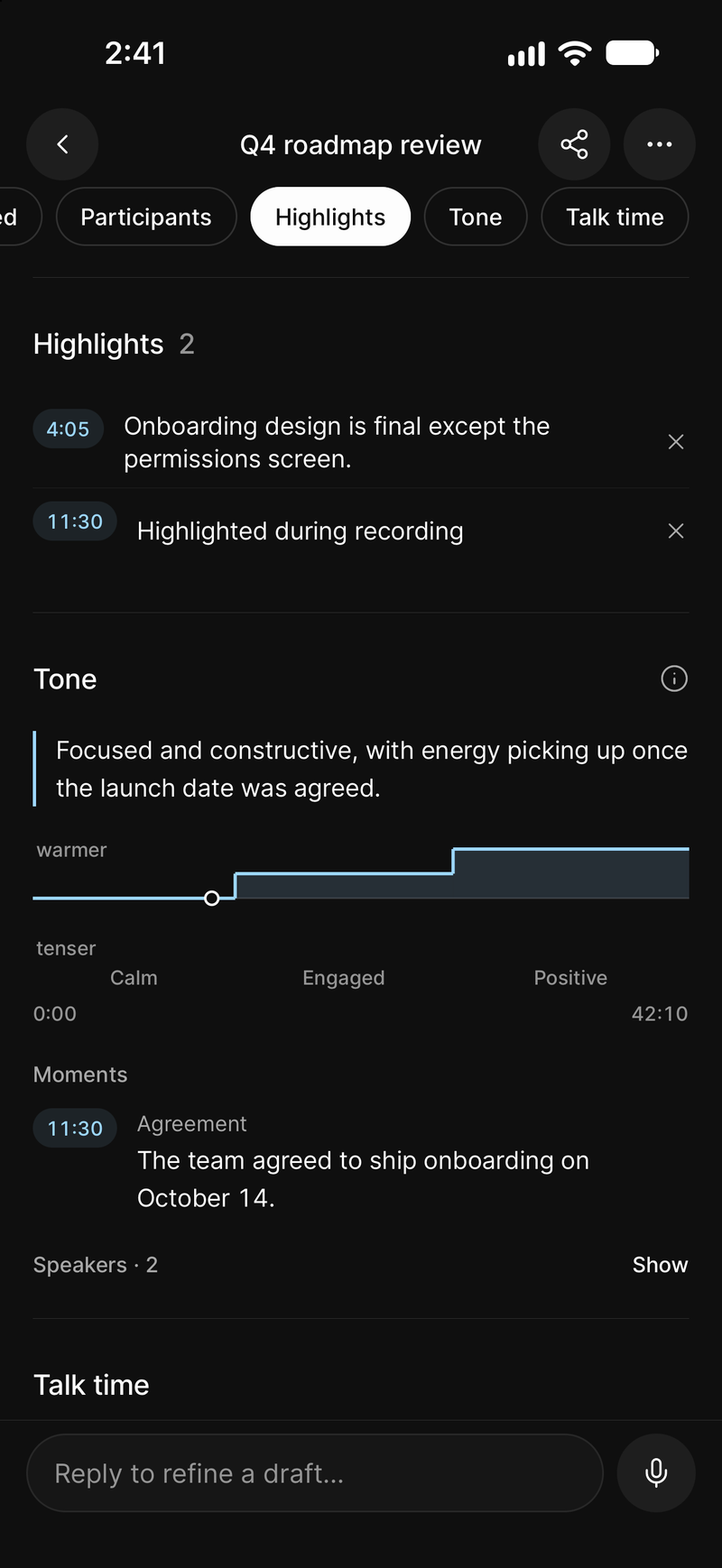 Highlights and the tone of a meeting on iPhone, each highlight with its timestamp