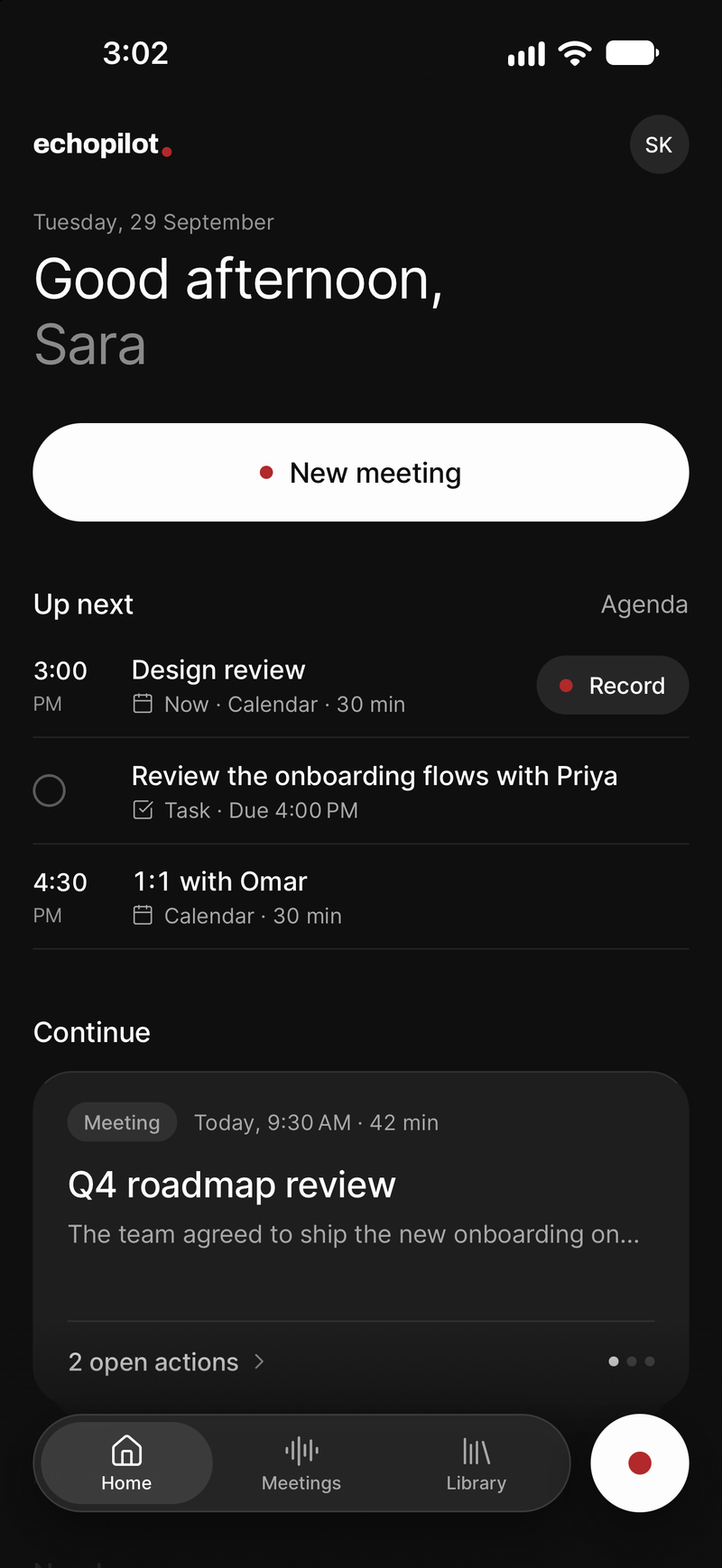 The EchoPilot Home screen on iPhone, with the record control and the day ahead