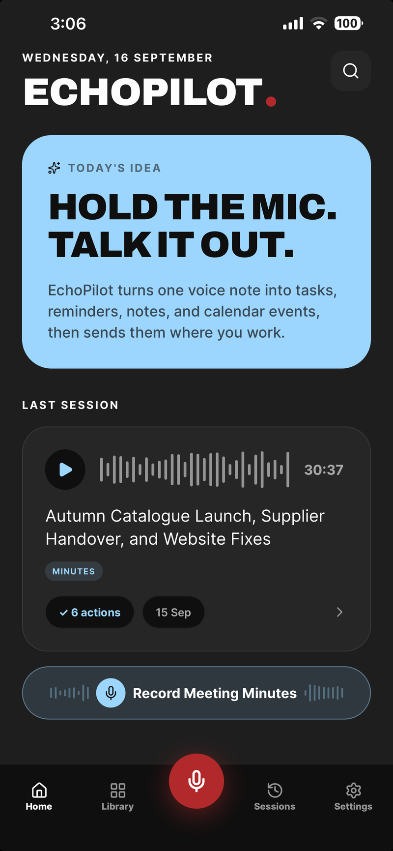 EchoPilot Home on iPhone with the last meeting and the Record Meeting Minutes button