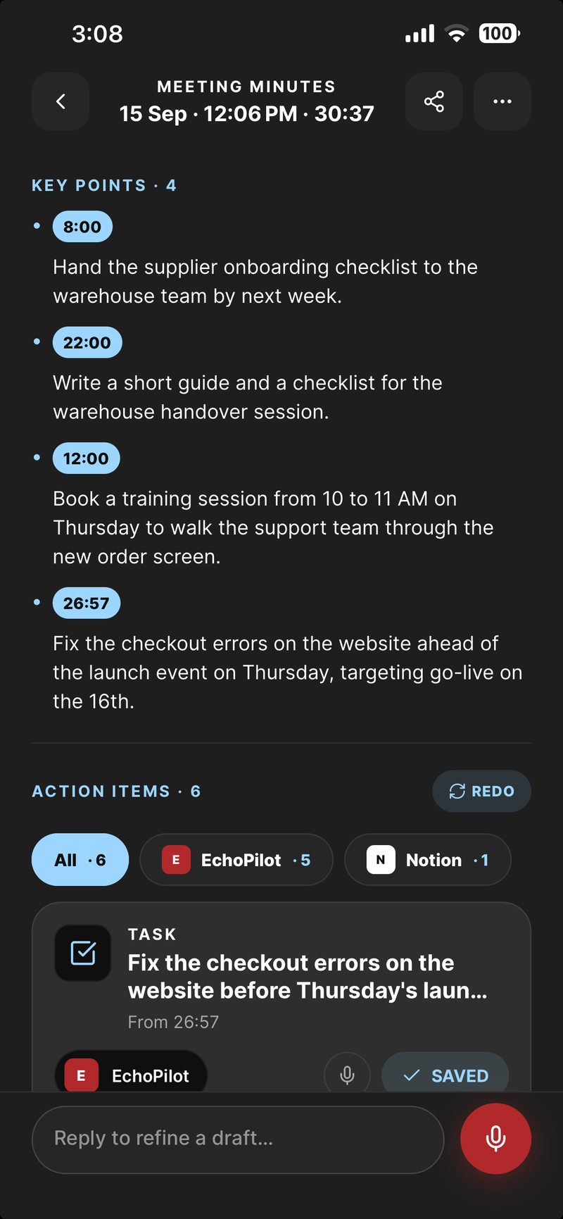 Key points on iPhone, each with the timestamp it came from, above the action items