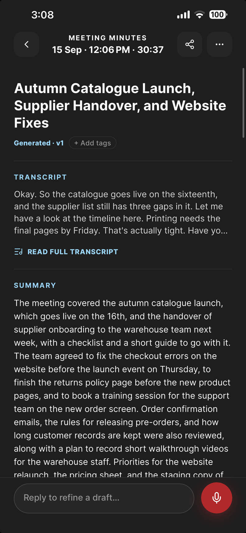 Meeting Minutes on iPhone: the title, a transcript excerpt and the summary