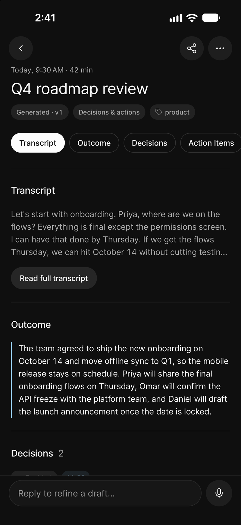 Meeting Minutes on iPhone: the title, the template used, the section chips and the outcome of the meeting