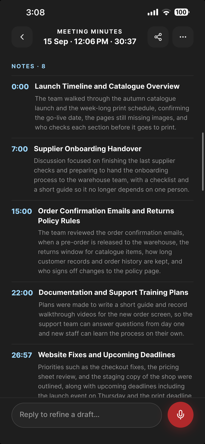 Chaptered meeting notes on iPhone, each chapter with the time it starts