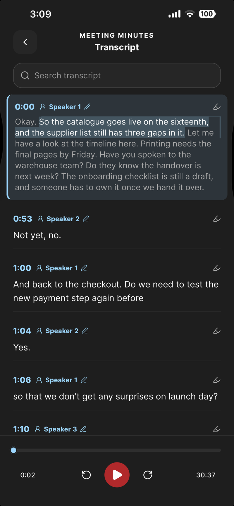 The transcript on iPhone with timestamped speaker turns above the player