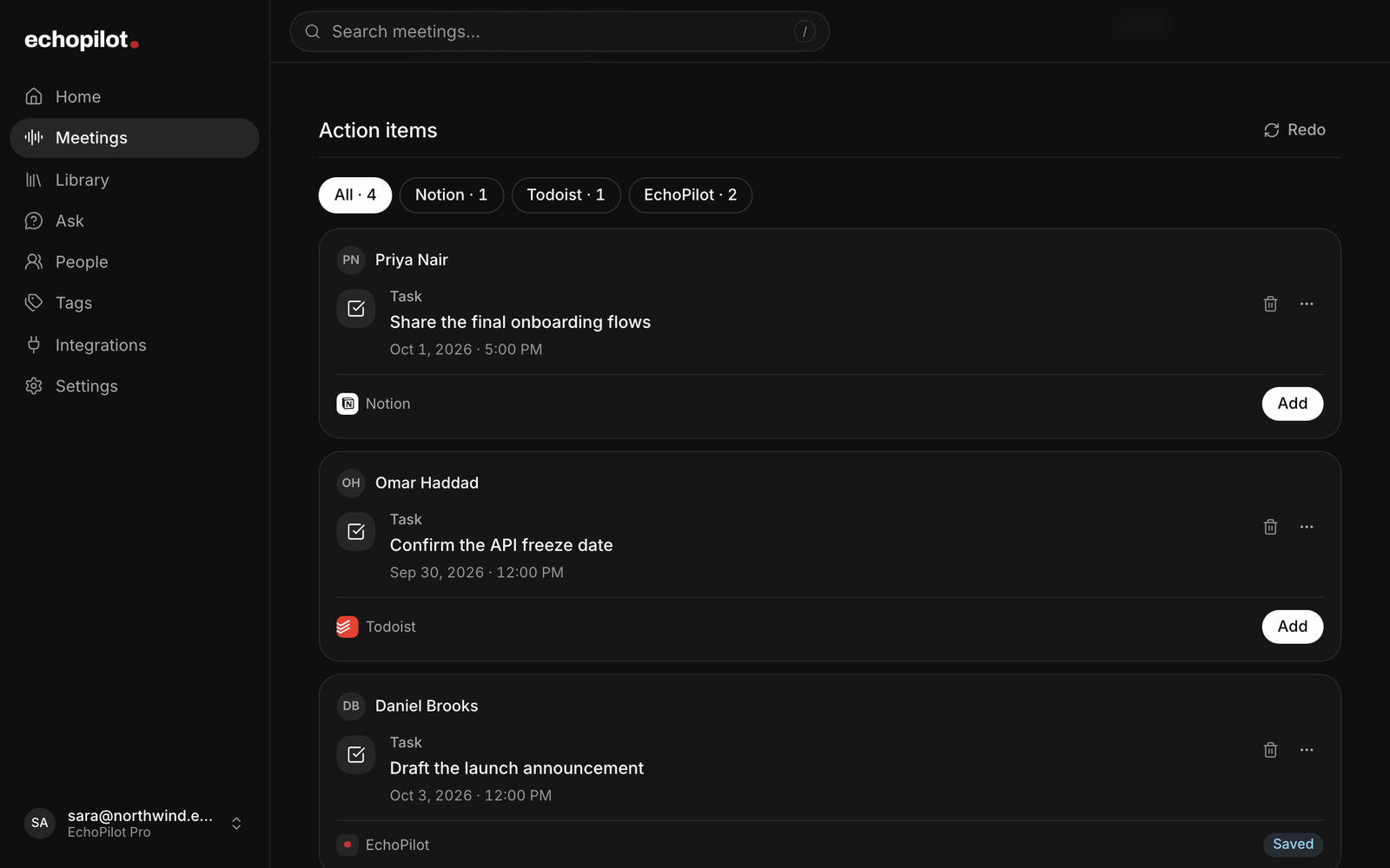 Action items from a meeting in the web app, each a card with its destination and an Add button