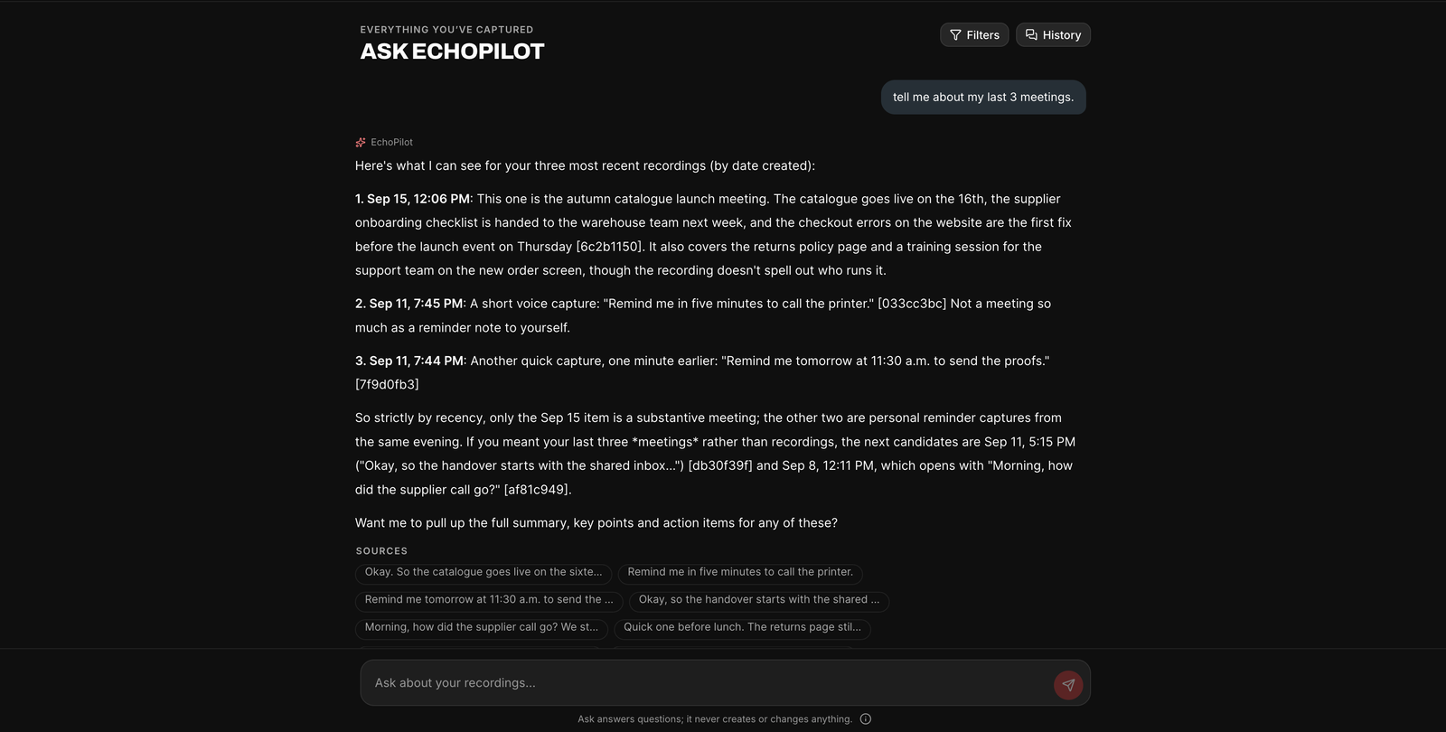 Ask in the web app answering a question from recent recordings, with its sources listed