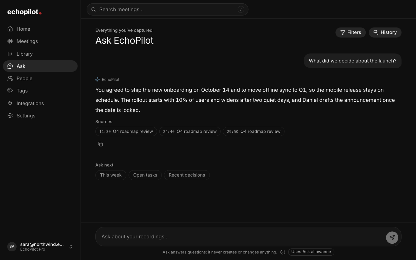 Ask EchoPilot in the web app answering what was decided about a launch, with three timestamped sources