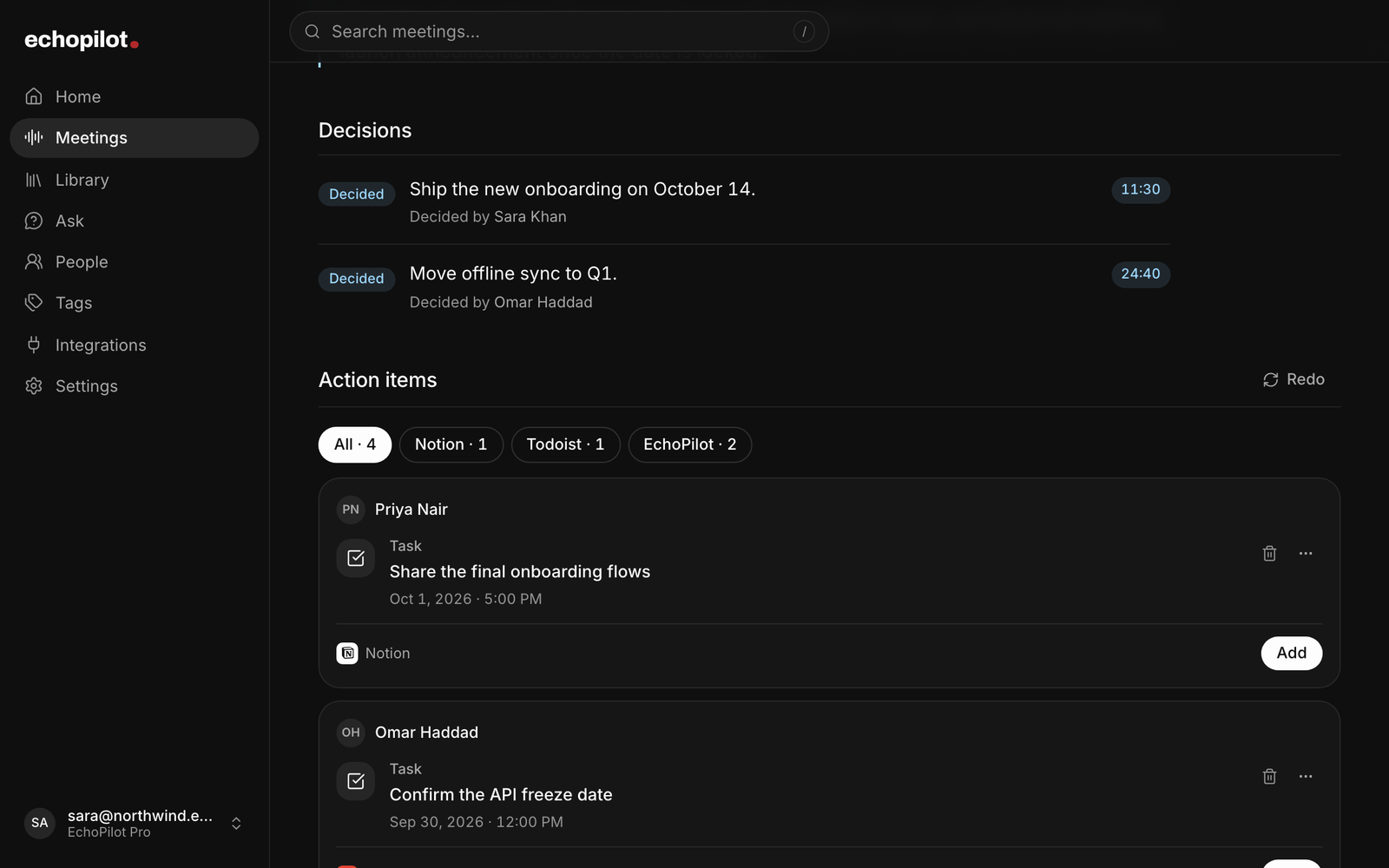 The decisions from a recorded call in the EchoPilot web app, each with who made it and the moment it was made