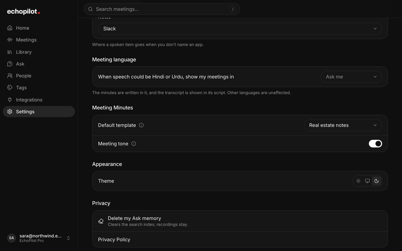 The Default template setting in the web app, set to Real estate notes