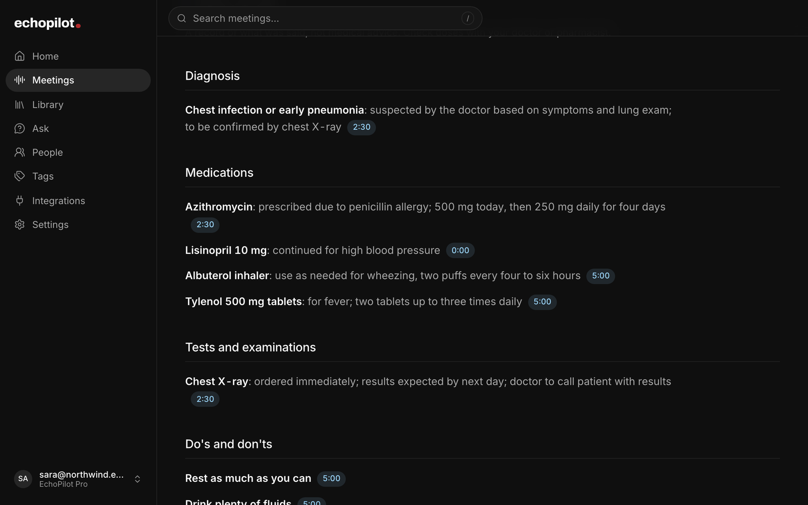 Doctor visit notes in the web app: a possible diagnosis kept as possible, each medicine with its dose, and the X-ray, each with a timestamp