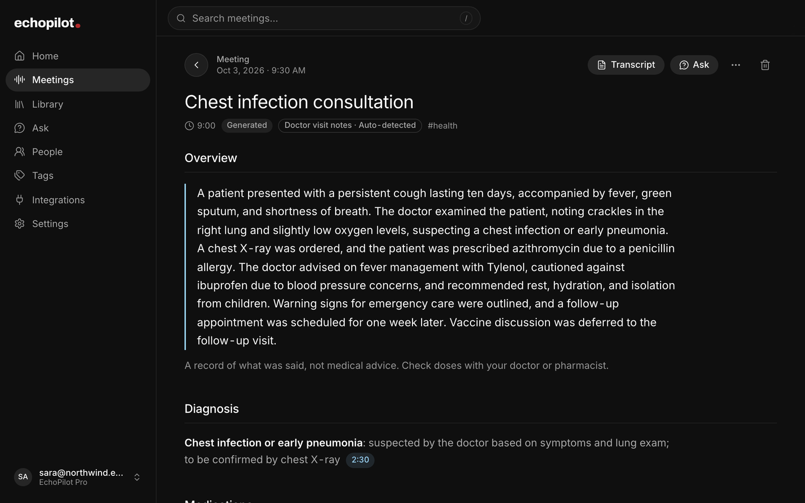Doctor visit notes in the EchoPilot web app: the overview of a visit, the line saying it is not medical advice, and the diagnosis with its timestamp