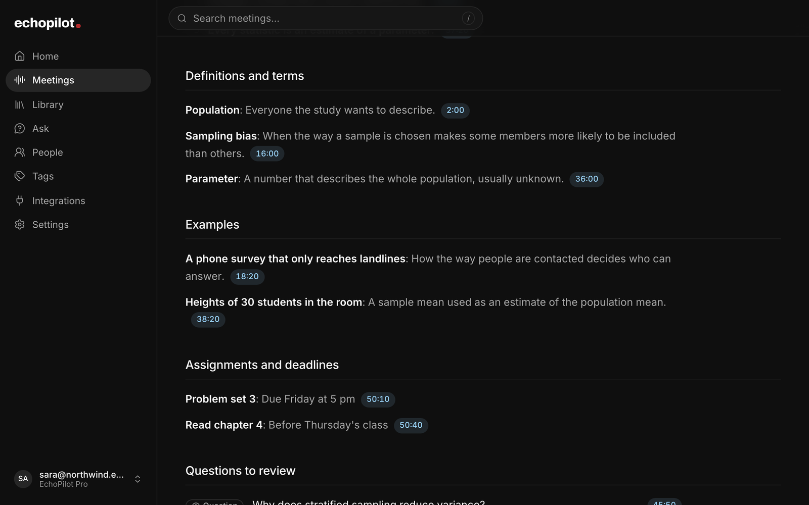 Lecture notes in the EchoPilot web app: definitions and terms, examples, and assignments and deadlines, each with its timestamp
