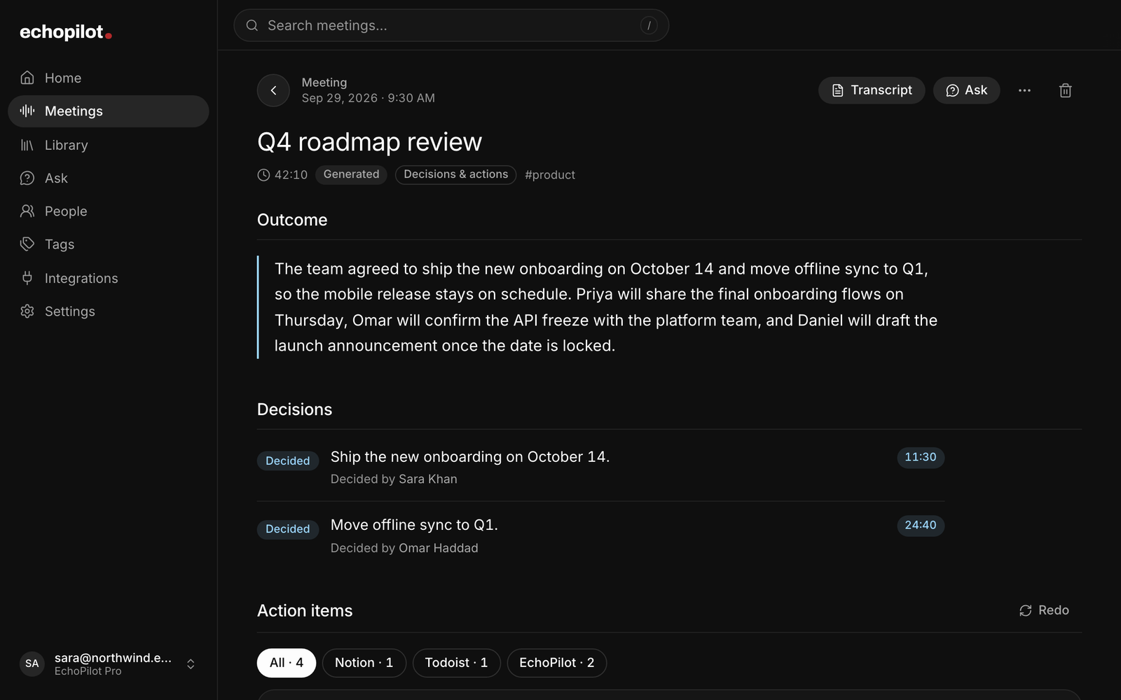 Meeting Minutes for a recorded call in the EchoPilot web app: the outcome, the decisions and who made them