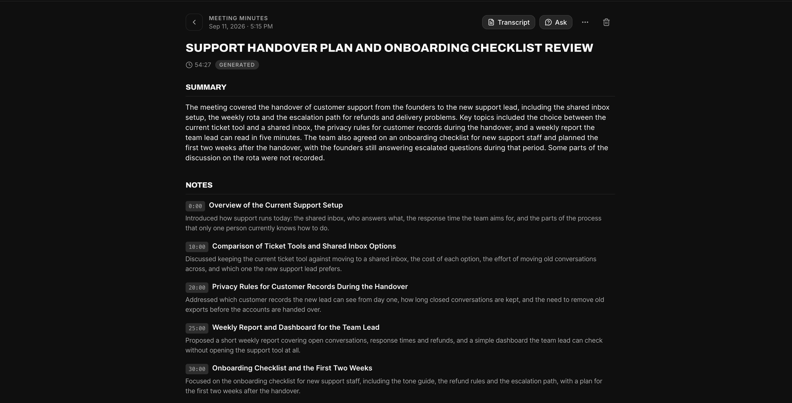 A meeting in the web app with its summary and chaptered notes