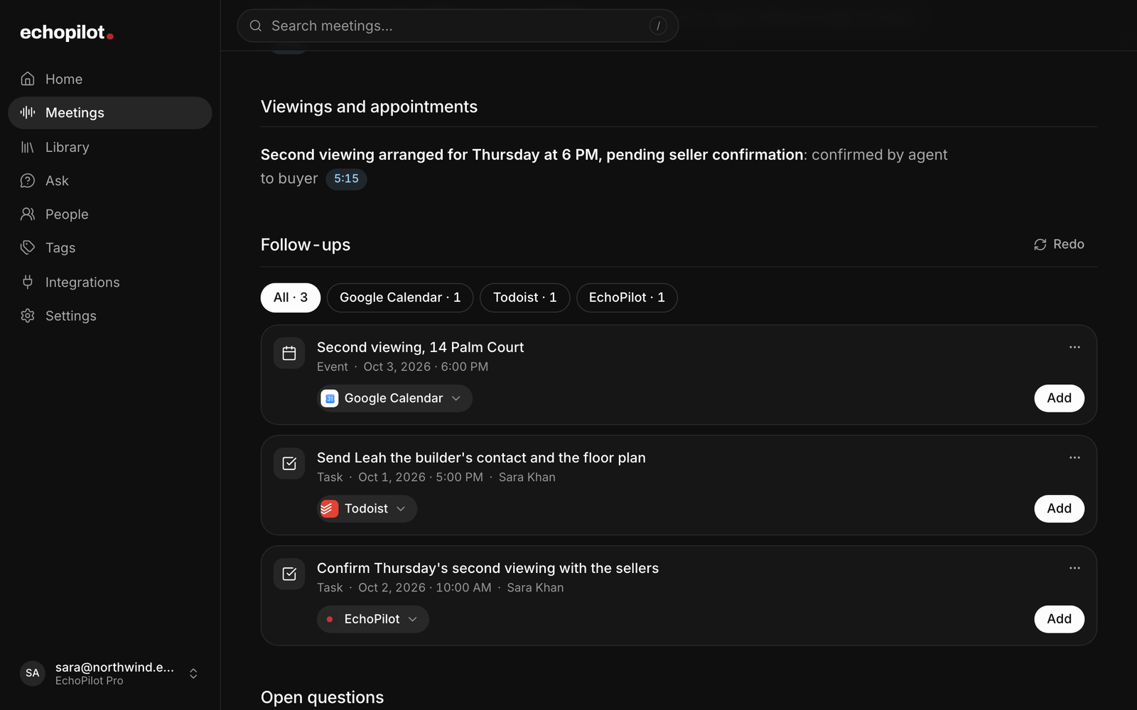 Viewings and follow-ups from a showing in the web app: a second viewing and the documents to send, each with an Add button