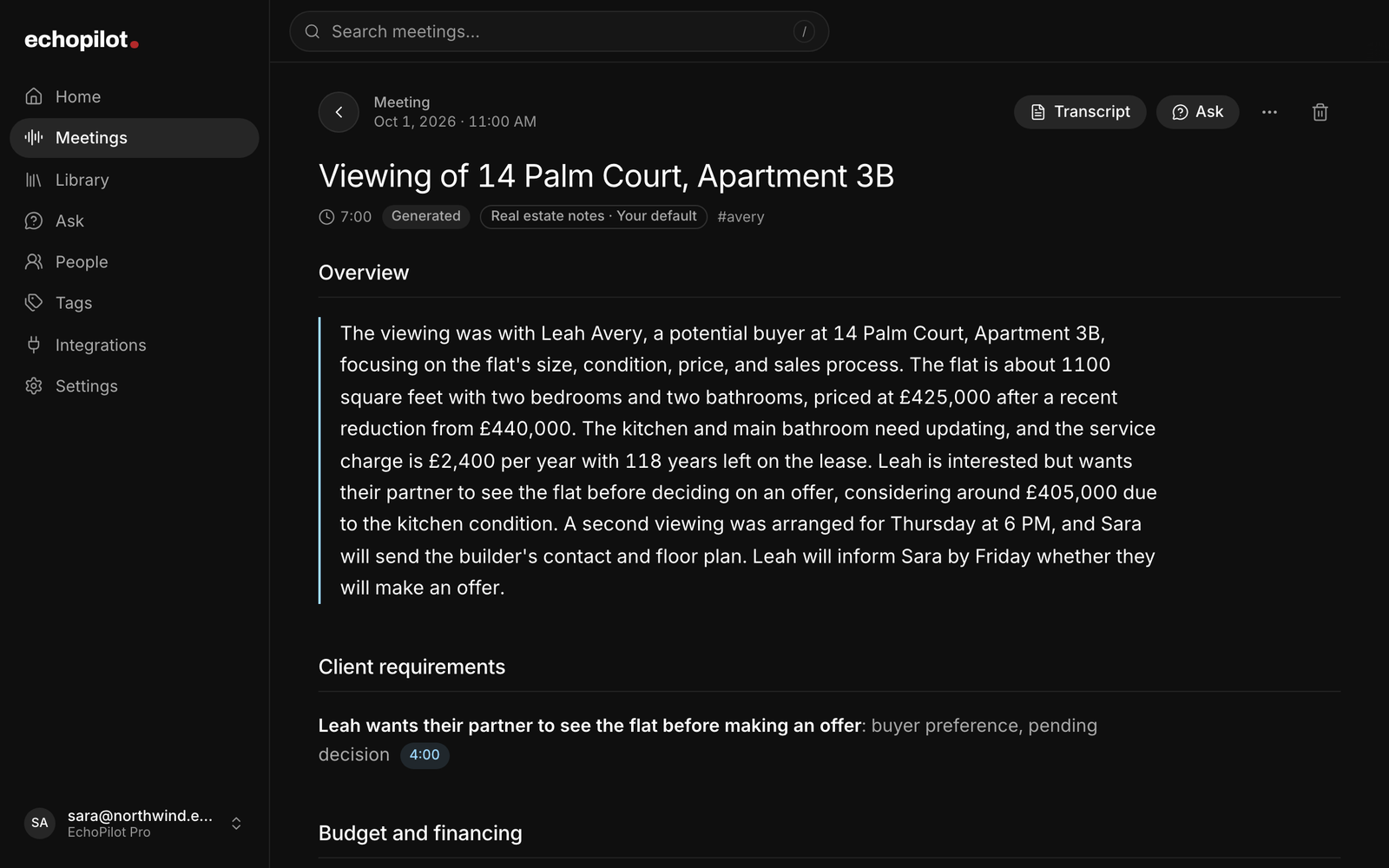 Real estate notes in the EchoPilot web app: the overview of a viewing, the client requirements and the budget and financing, each with a timestamp