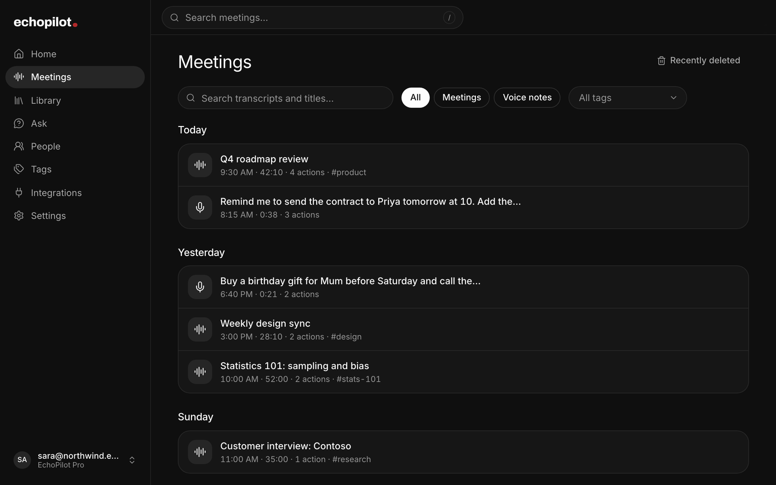 The meetings list in the EchoPilot web app, each meeting with its title, date and template