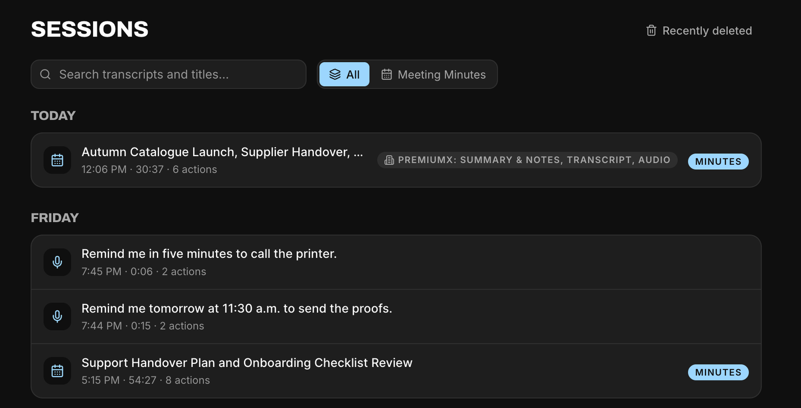 The Sessions list in the web app with meetings and voice notes