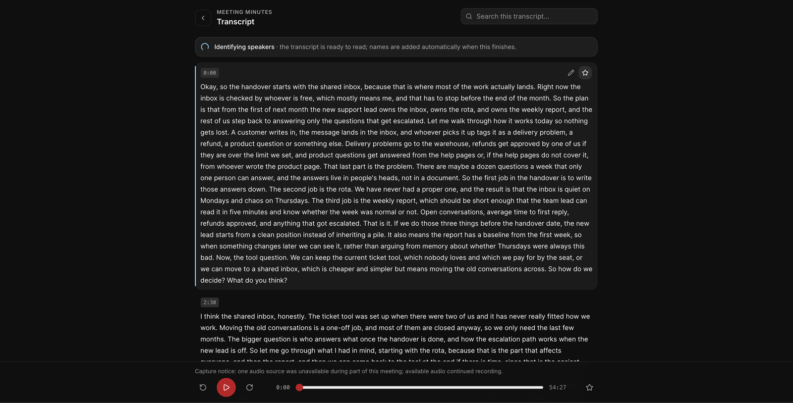 The transcript in the web app with the player, while speaker identification runs